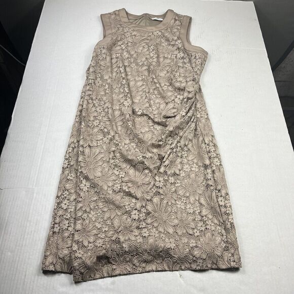 Calvin Klein Lace Ruched Sheath Dress Beige Back Zip Sleeveless Work Size 10 - Picture 1 of 10
